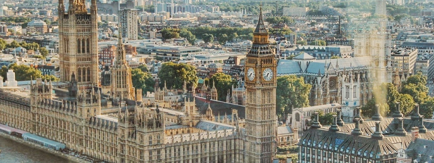 Aerial view of Big Ben clock tower and the Houses of Parliament in the city of London in England, United Kingdom.