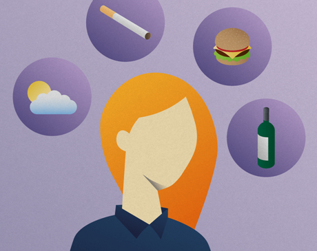 Silhouette of woman surrounded by images of the sun, a cigarette, a hamburger, and alcohol that represent MS risk factors like smoking, the environment, and obesity. 