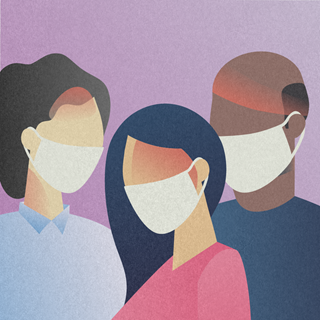 An illustration of silhouettes of three people with headache (depicted by red shading on various parts of their head), with facemasks on to depict the COVID-19 pandemic.