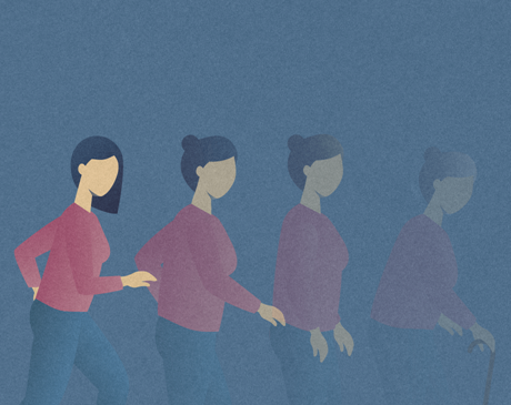Four female silhouettes of various ages—young adult, mature adult, middle aged adult, elderly adult—that depict the progression of multiple sclerosis throughout the lifespan. 