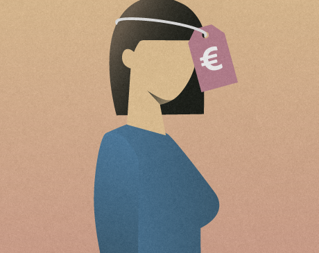 Silhouette of a woman with a price tag wrapped around her head that symbolizes the financial burden of migraine treatment.